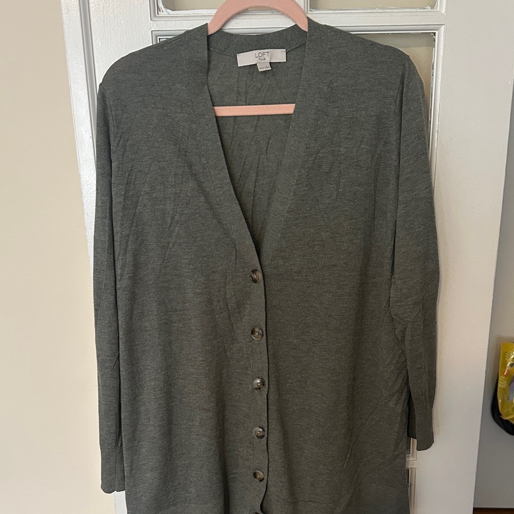 LOFT Olive Green Button-Front Long Cardigan